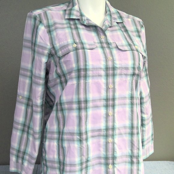 Eddie Bauer Pink Plaid Travex Shirt Long Sleeve Button Up Women's Large - Picture 1 of 8